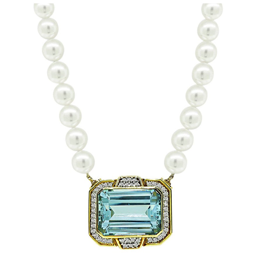 35.00ct Aquamarine 1.25ct Diamond Pearl Pin / Pendant Necklace