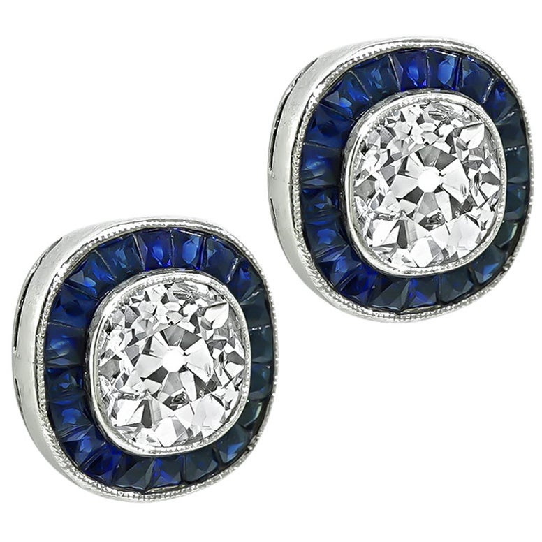 1.85ct Diamond 0.80ct Sapphire Stud Earrings For Sale