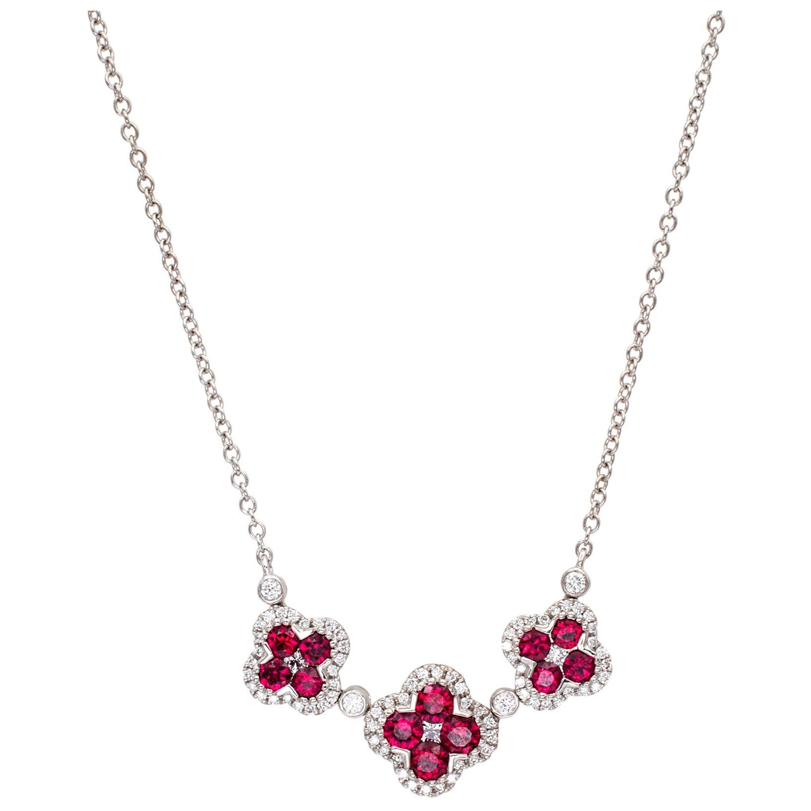 Ladies 18K White Gold Three Flower Ruby Diamond Pendant Necklace For Sale