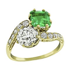 Antique GIA Certified 1.33ct Diamond 1.50ct Colombian Emerald Crossover Ring