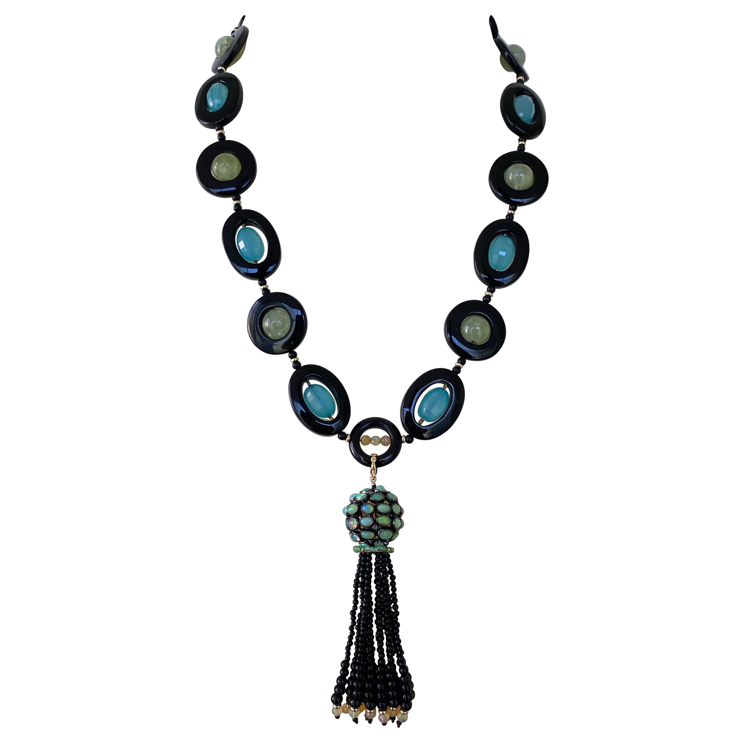 Marina J. Unique Fire Opal, Onyx, Chalcedony & Solid 14k Gold Tassel Necklace For Sale