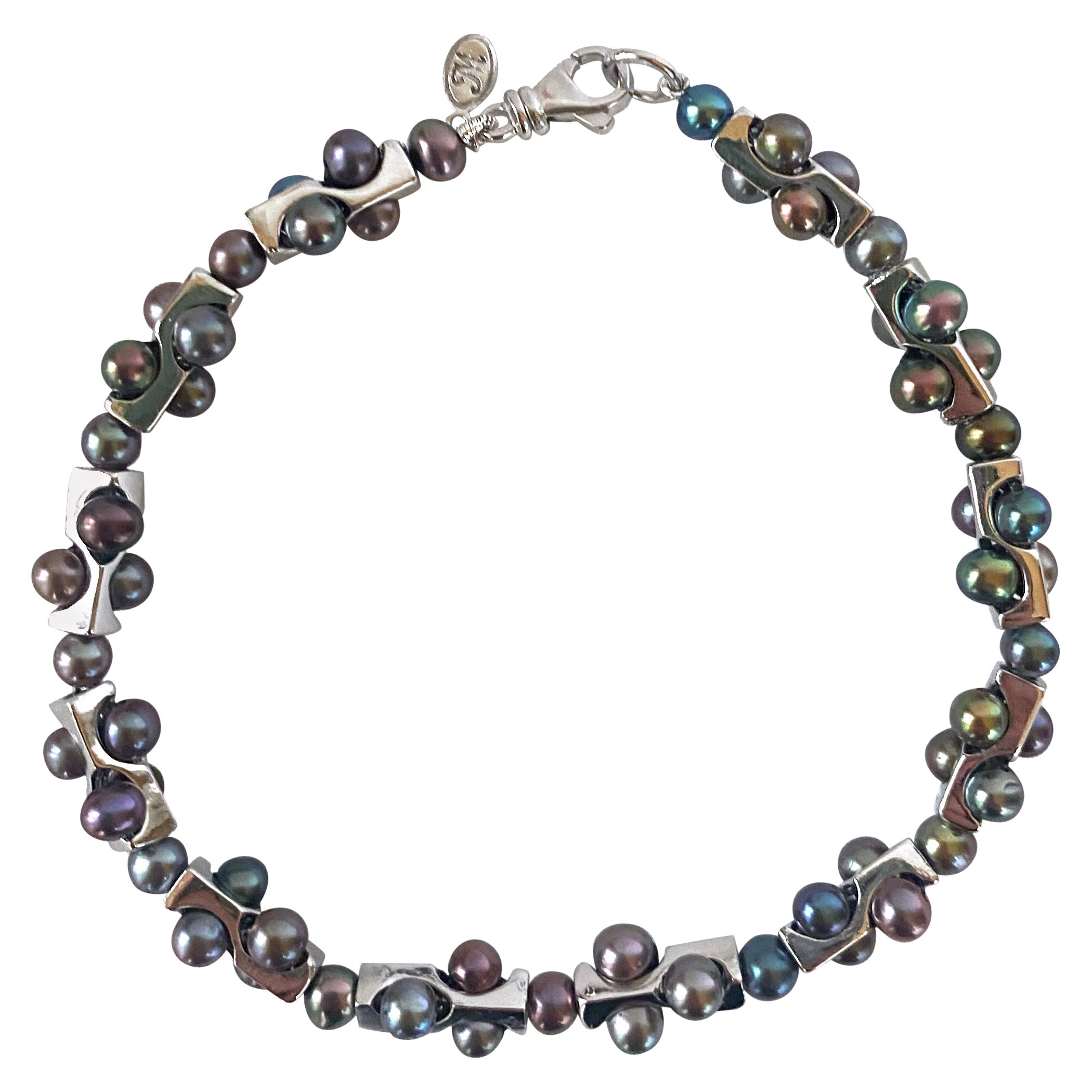 Marina J. Bracelet géométrique unisexe avec perles noires et or blanc 14 carats en vente