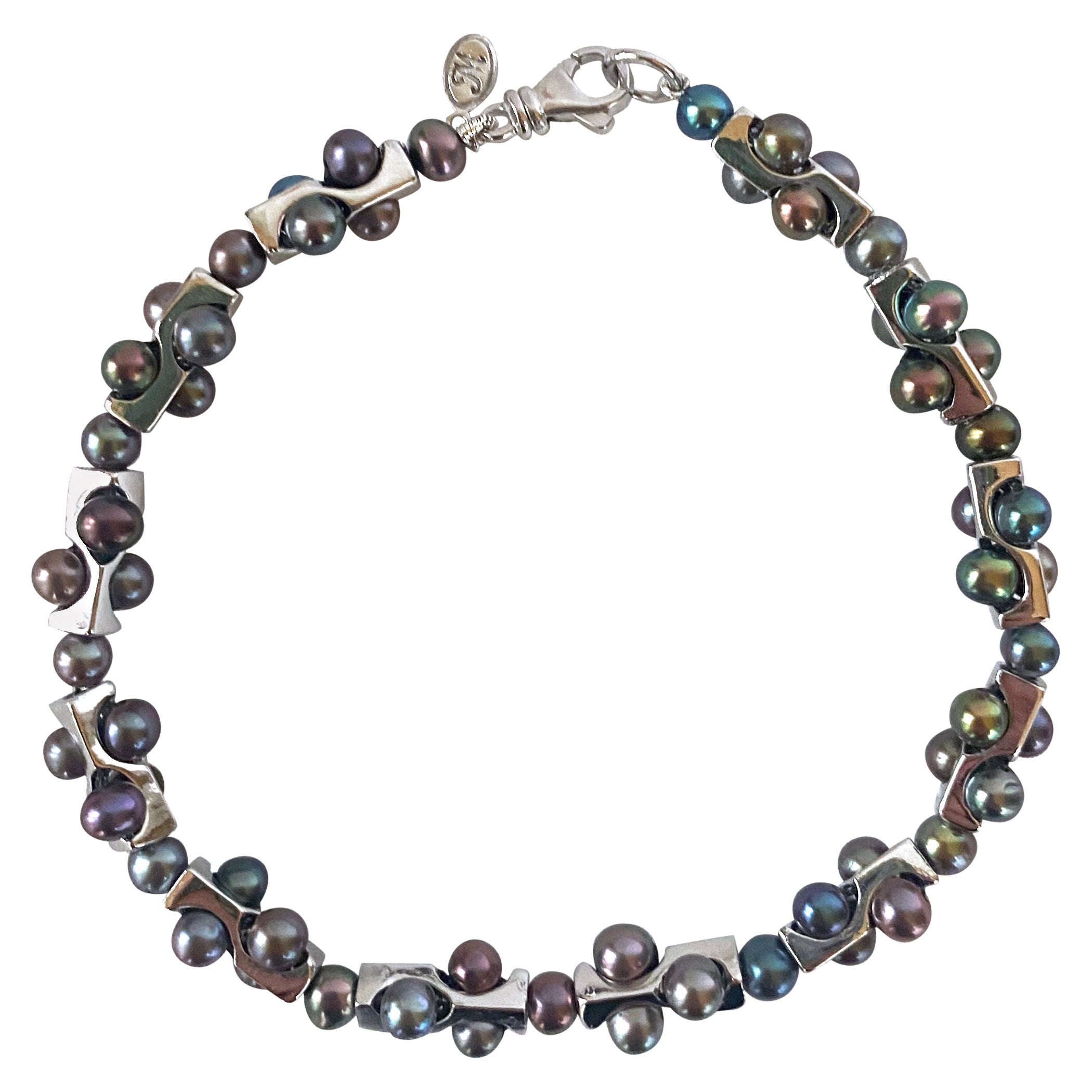 Marina J. Unisex Geometric Bracelet with Black Pearls & 14k White Gold