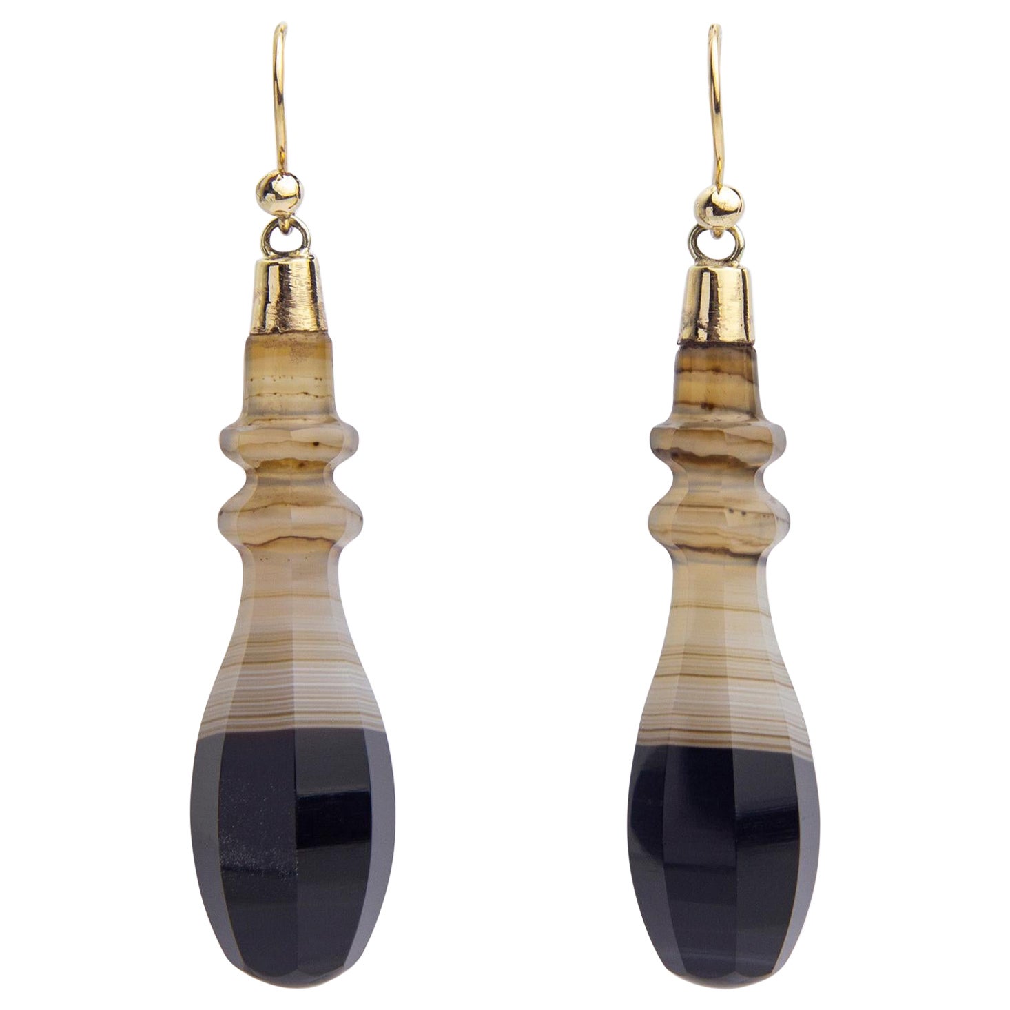 Pair of Victorian Banded Agate Drop Earrings For Sale