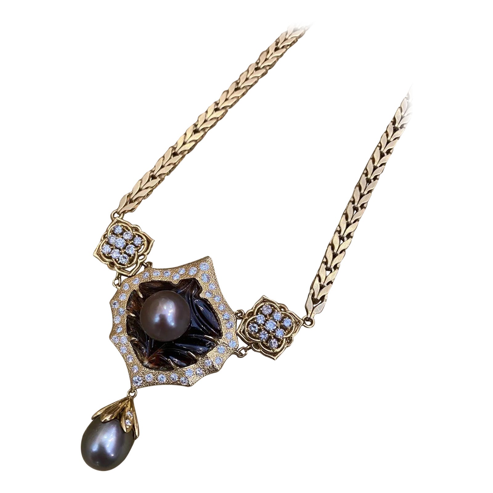 Vintage Black Pearls, Tourmaline and Diamond Necklace in 18k Yellow Gold For Sale