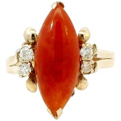 Retro Marquise Red Jade Diamond Ring 14k Yellow Gold