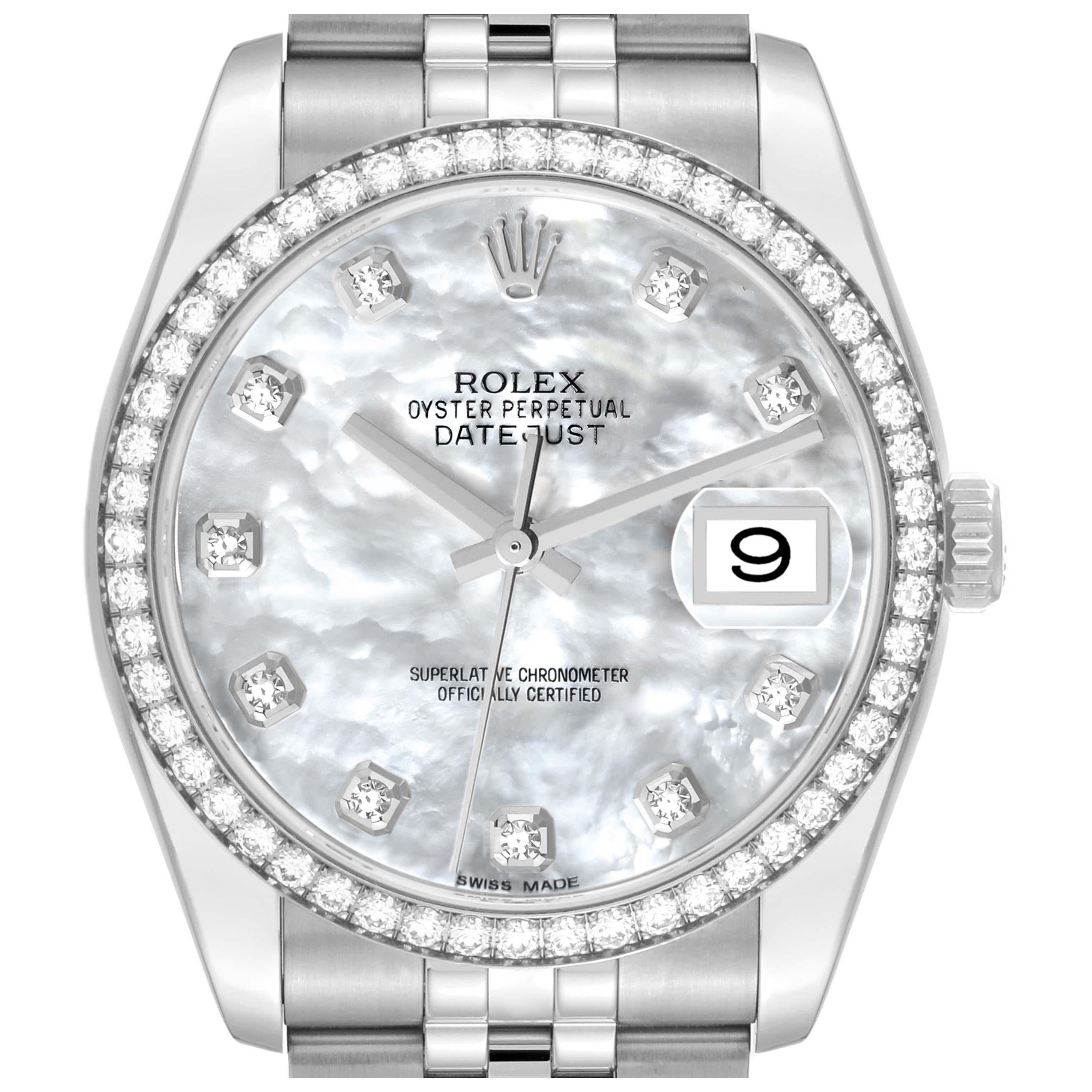 Rolex Datejust Mother of Pearl Diamond Dial Bezel Steel Mens Watch 116244 For Sale