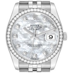 Used Rolex Datejust Mother of Pearl Diamond Dial Bezel Steel Mens Watch 116244