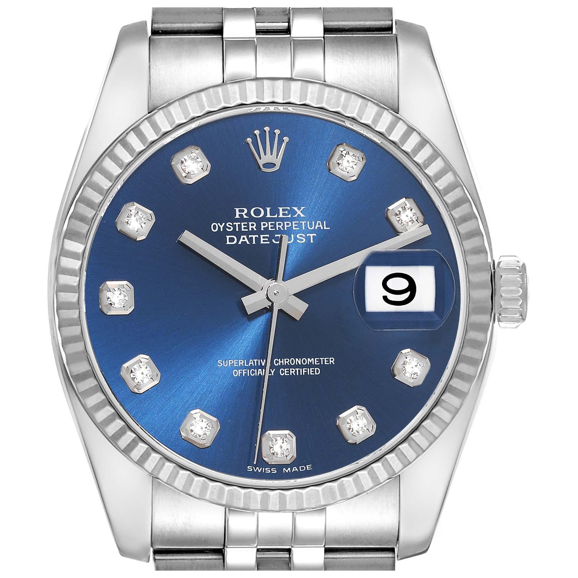 Rolex Montre Datejust en acier, or blanc, cadran bleu et diamants pour hommes 116234
