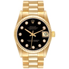 Used Rolex President Midsize Yellow Gold Onyx Diamond Dial Ladies Watch 68278