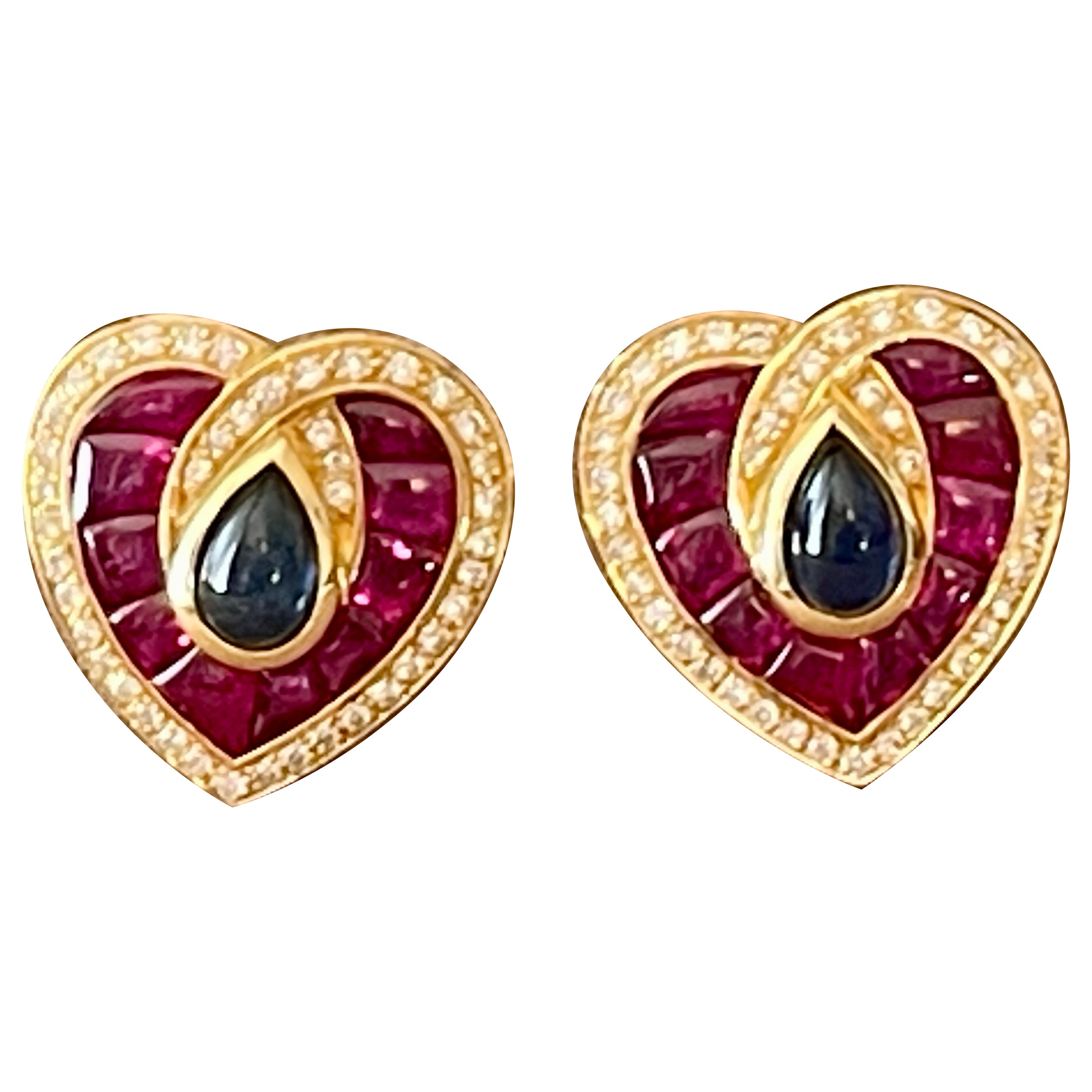 French 18 K yellow Gold Vintage Heart earclips Sapphire Ruby Diamonds For Sale