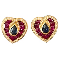 Boucles d'oreilles françaises vintage en or jaune 18 carats avec cœur, saphir, rubis et diamants