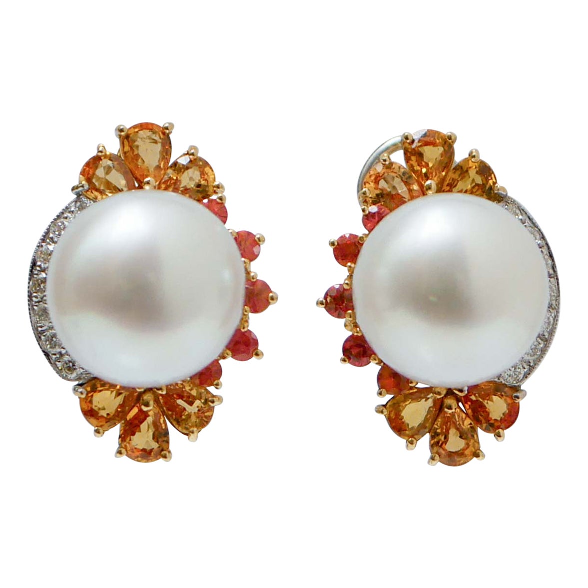 South-Sea Pearls, Sapphires, Diamonds, 18 KtWhite Gold and Yellow Gold Earrings. For Sale