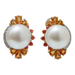 Vintage South-Sea Pearls, Sapphires, Diamonds, 18 KtWhite Gold and Yellow Gold Earrings.