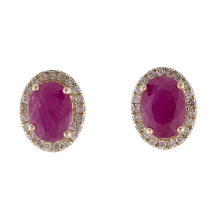 14K Ruby & Diamond Stud Earrings, 2.31ctw - Yellow Gold, Timeless Elegance For Sale