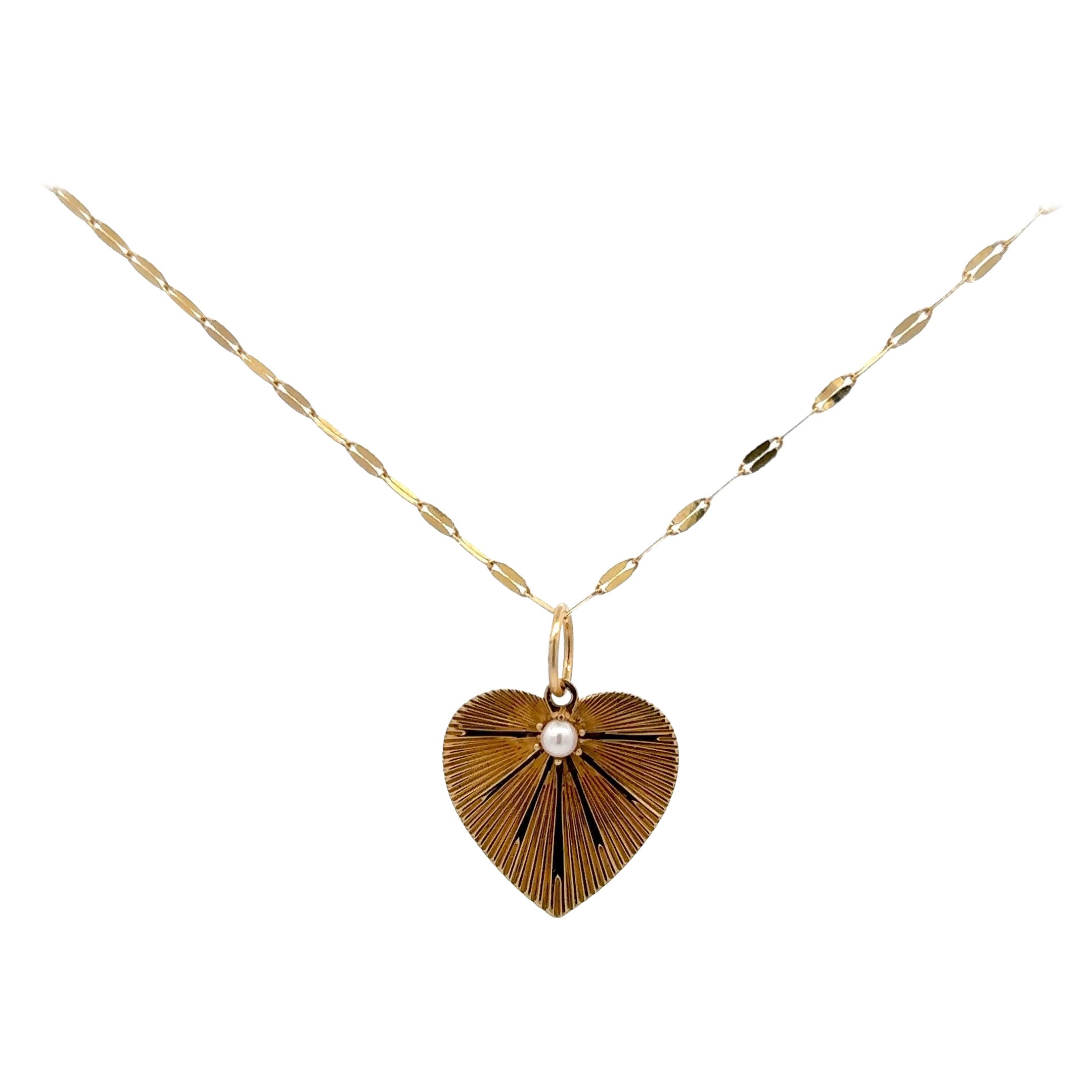 Italian Heart Pearl Pendant on Mirror Motif Necklace 14 Karat Yellow Gold For Sale