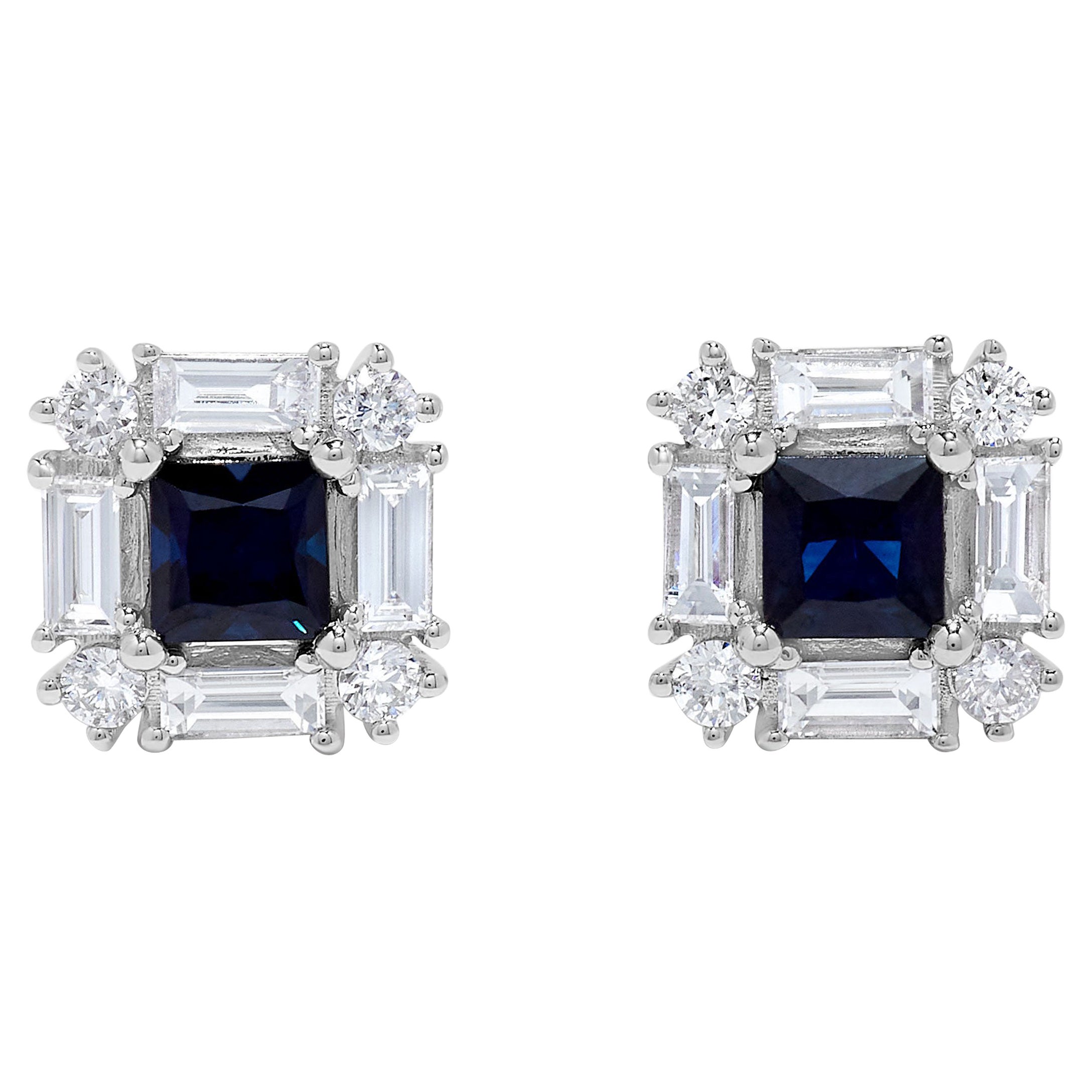 Natural Blue Princess Sapphire and White Diamond 1.4 Carat TW Gold Stud Earrings For Sale
