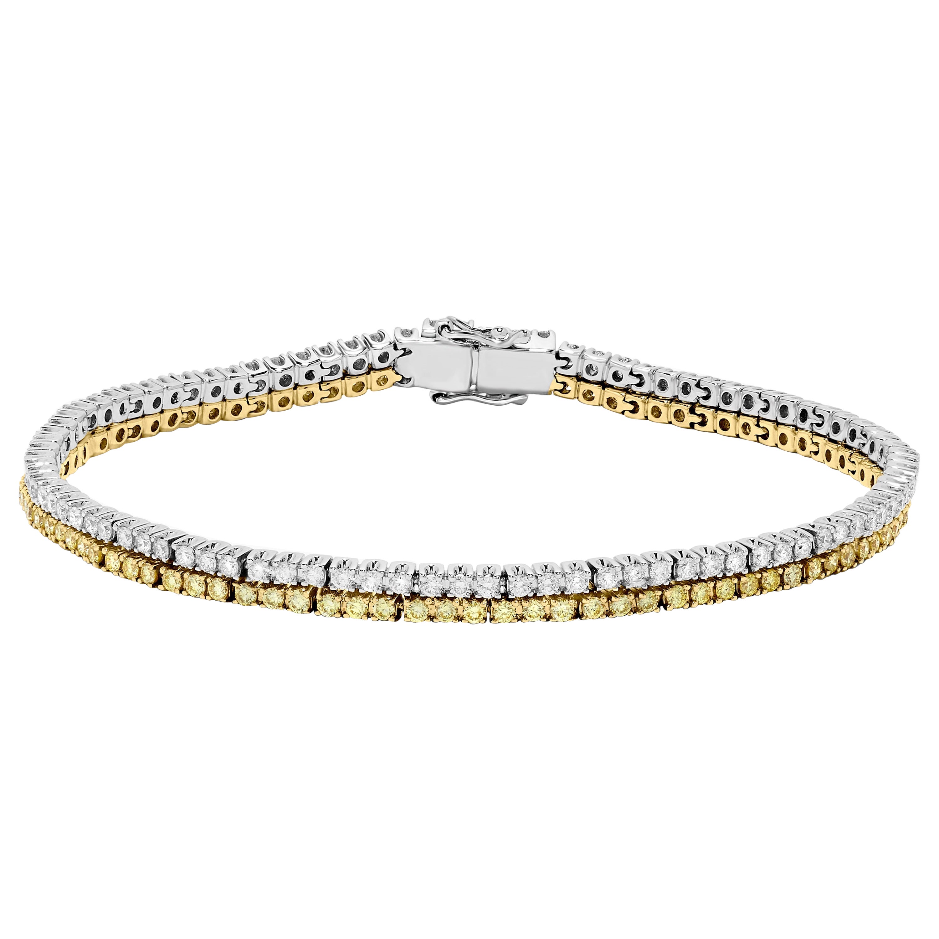 Natural Yellow Round and White Diamond 2.88 Carat TW Gold Tennis Bracelet For Sale