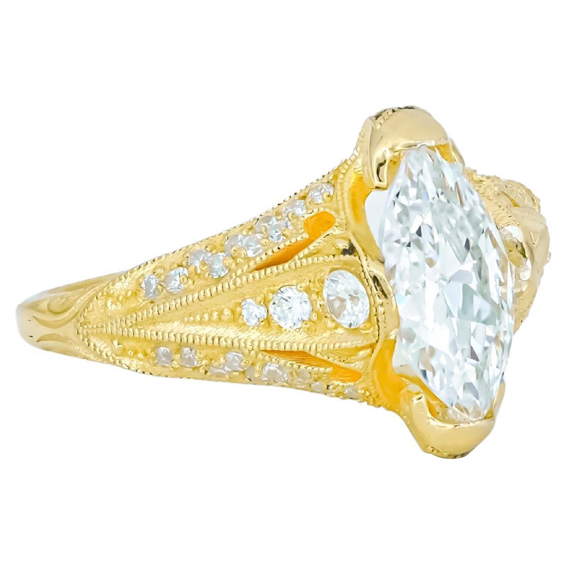 Marquise moissanite 14k gold engagement ring. For Sale