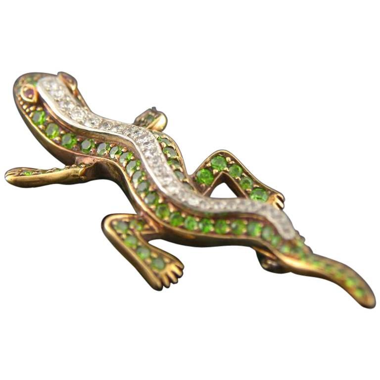 Demantoid Diamond Gold Lizard Pin For Sale