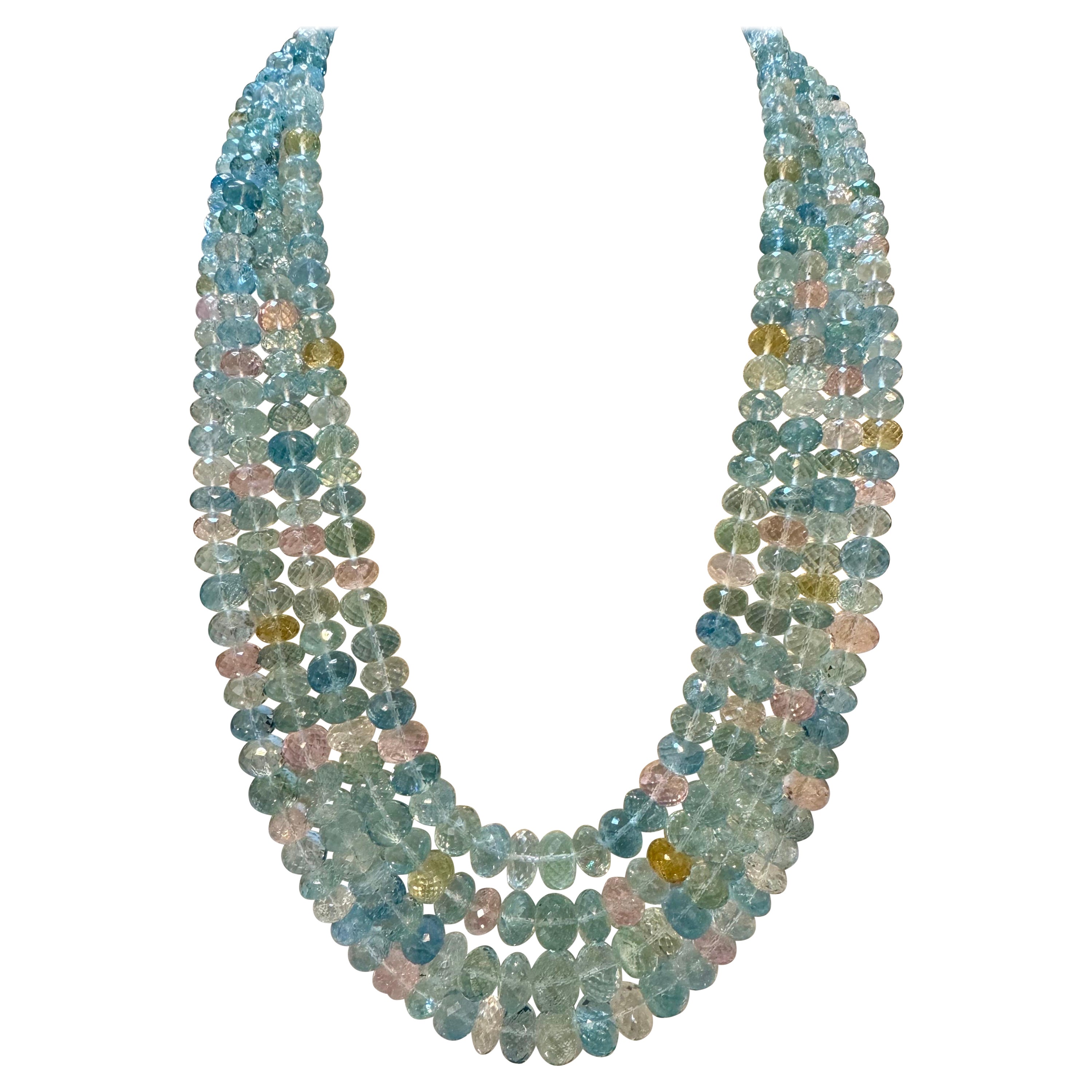 1000 Carat Natural Fine  Aquamarine Bead Necklace, Four Strand in Metal Clasp For Sale