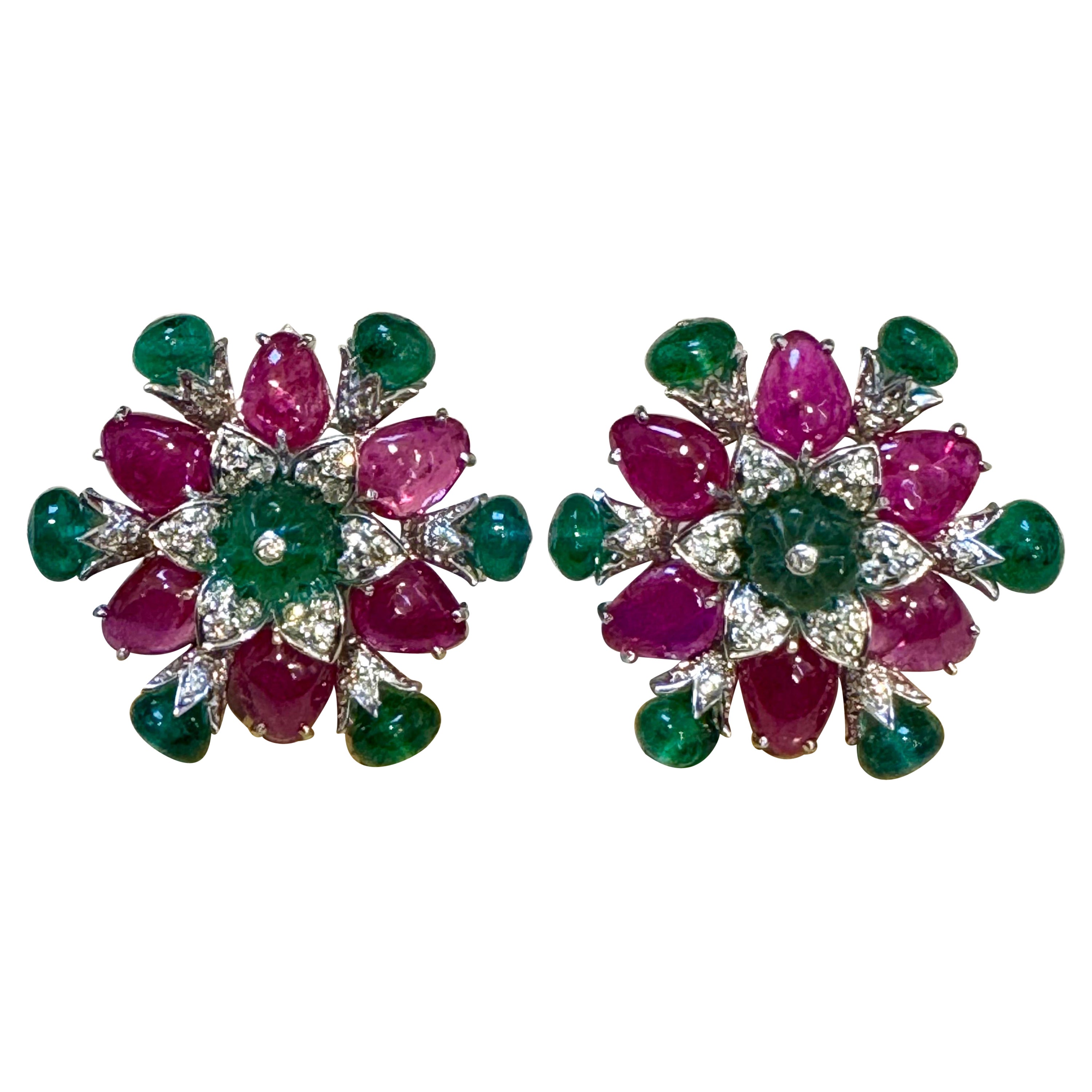 Tutti Frutti Earrings/ Natural  Emerald Rubellite Earrings/ Carving Leaf 18 KWG For Sale