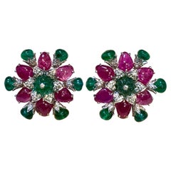Tutti Frutti Earrings/ Natural  Emerald Rubellite Earrings/ Carving Leaf 18 KWG