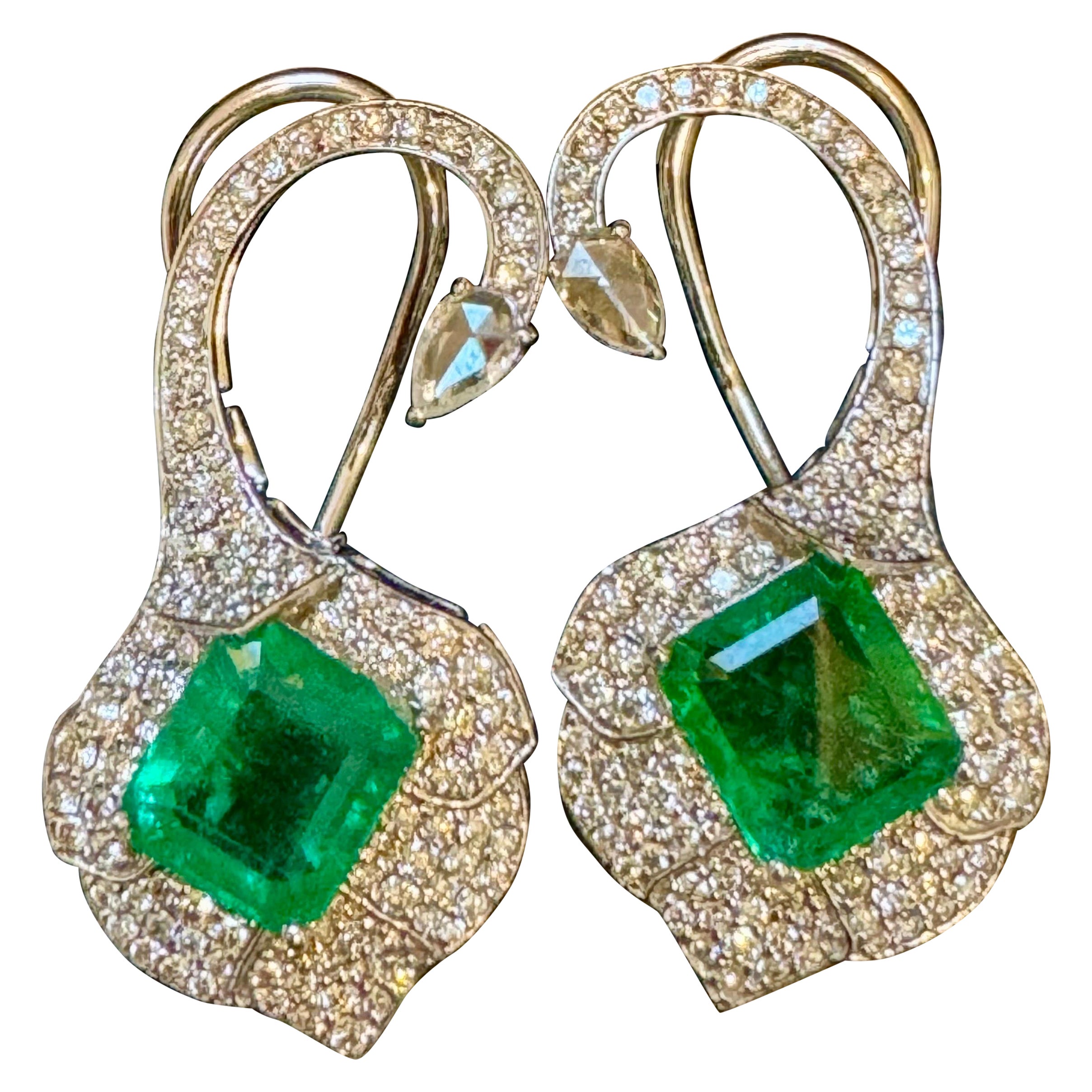 5 Ct Natural Zambian Emerald Earring & 2 Ct Diamond , Rose cut Diamond Earring For Sale