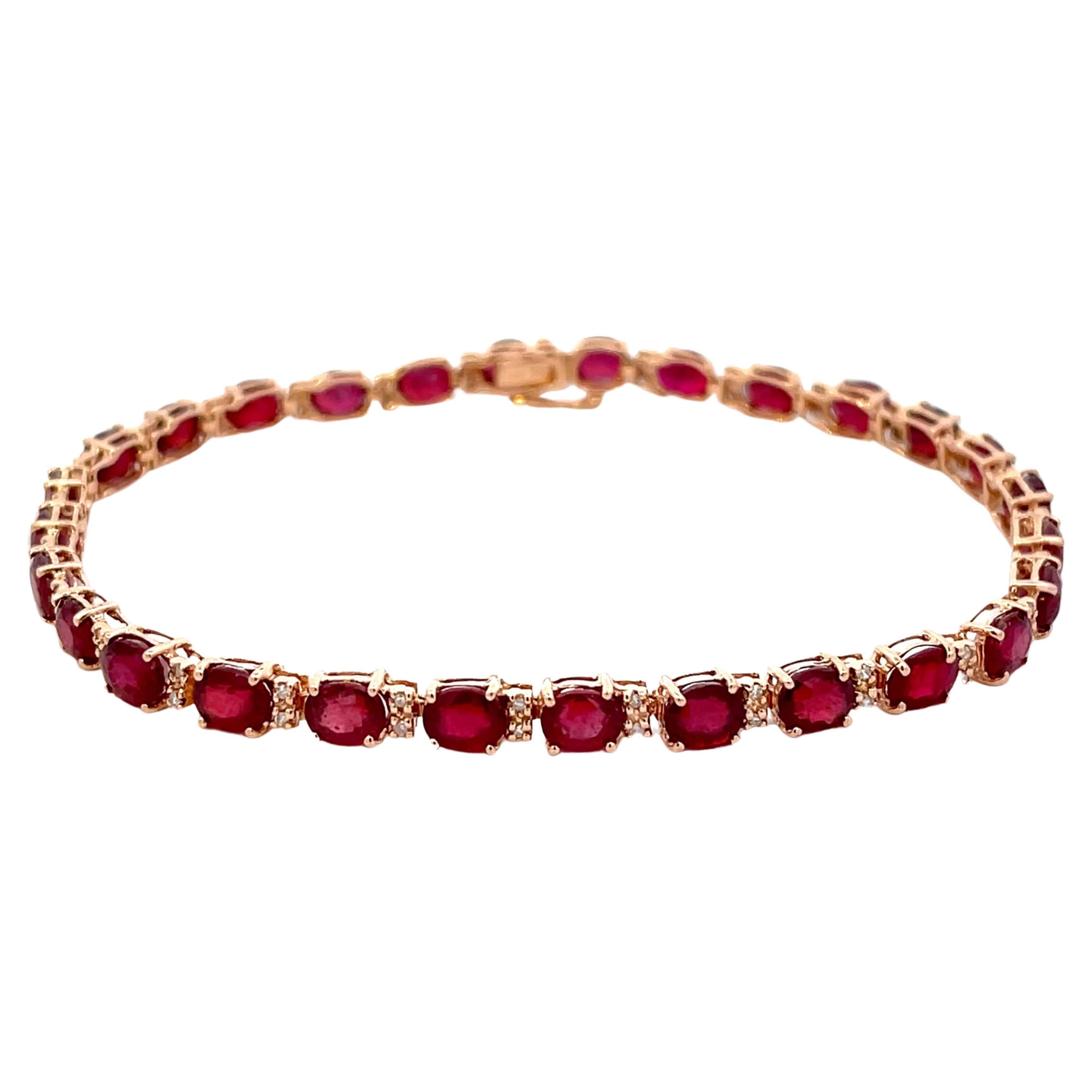 Effy Oval Red Ruby and Diamond Tennis Bracelet in 14k Rose Gold For Sale