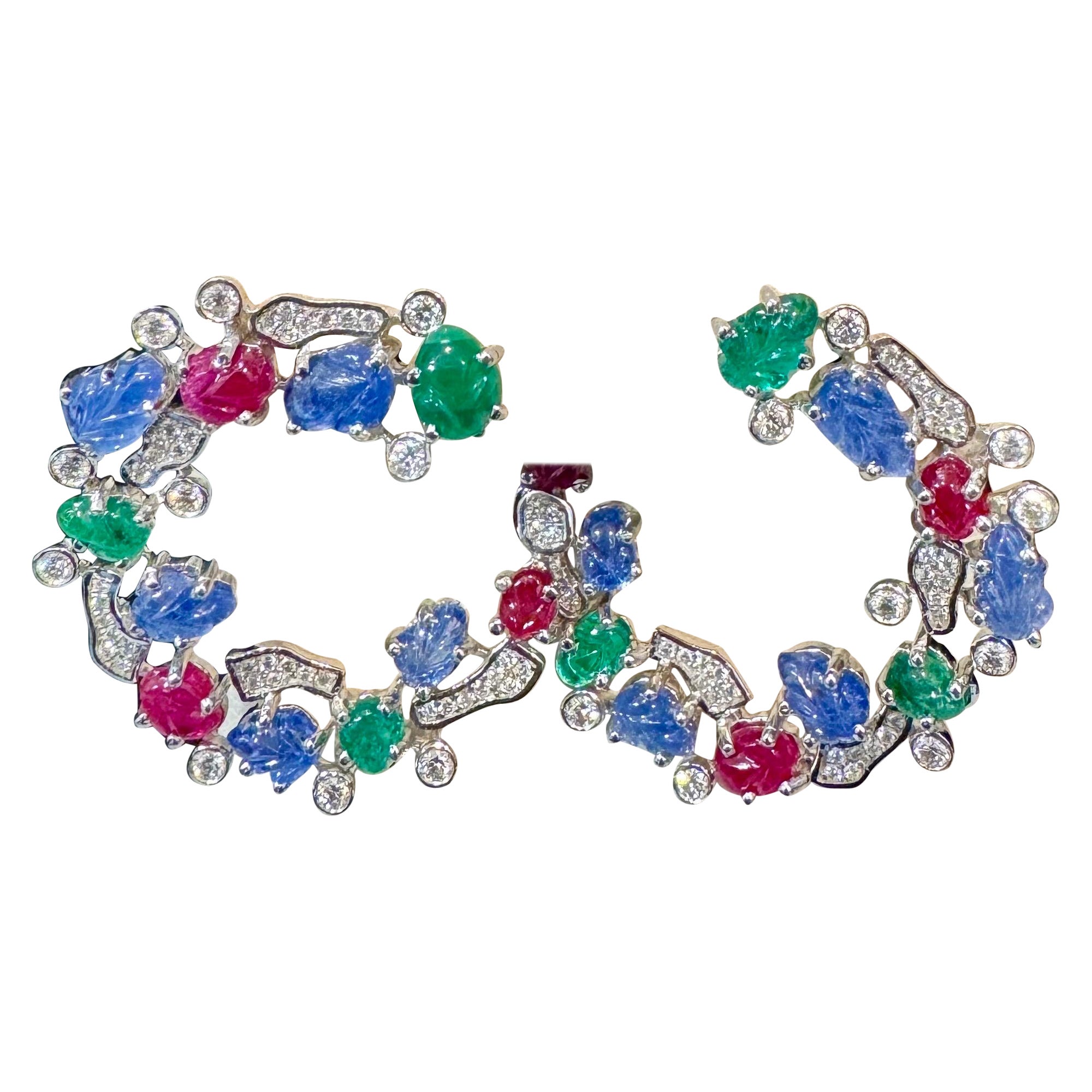 Tutti Frutti Earrings Natural Emerald Ruby & Sapphire Earring Carved Leaf 18 KWG
