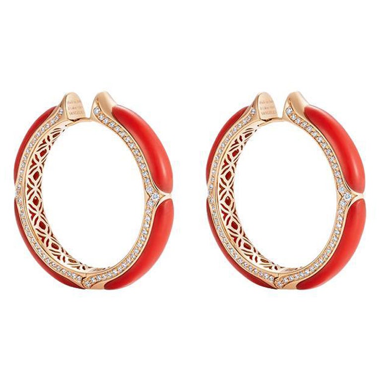 18 Karat Rose Gold, White Diamonds and Coral Hoop Earrings For Sale