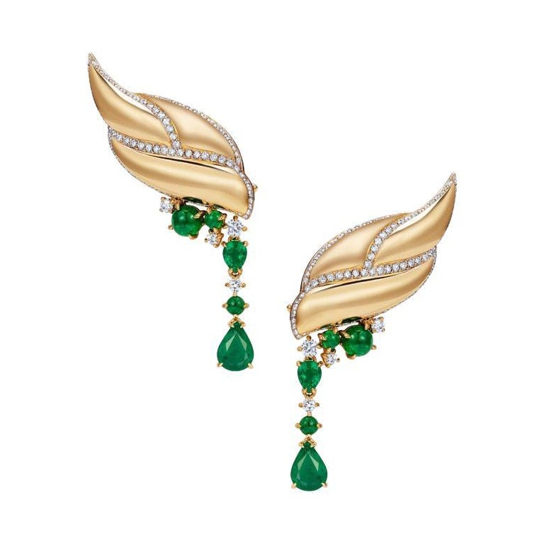 18 Karat Yellow Gold, White Diamonds and Emeralds Wing Earrings For Sale