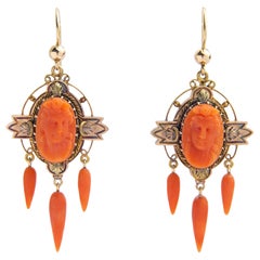 Antique Pair of Victorian Coral Cameo Drop Earrings