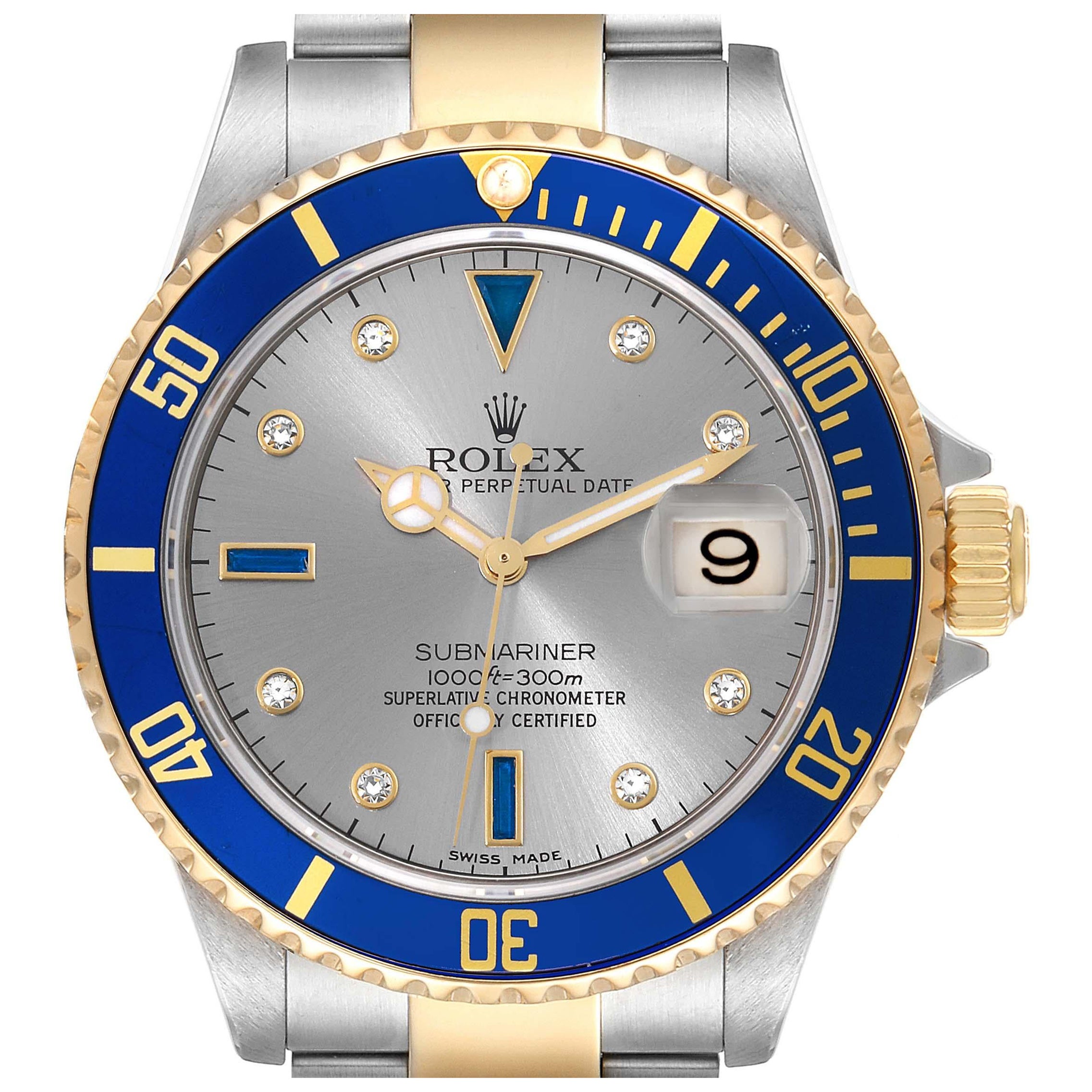 Rolex Submariner Steel Gold Diamond Sapphire Serti Dial Mens Watch 16613
