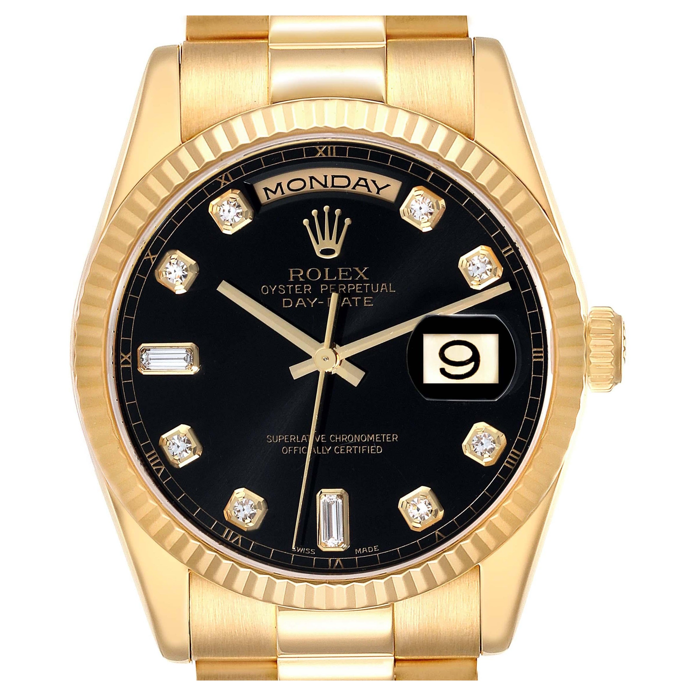 Rolex President Day Date Yellow Gold Black Diamond Dial Mens Watch 118238