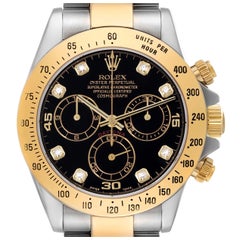 Rolex Daytona Steel Yellow Gold Black Diamond Dial Mens Watch 116523 Box Card