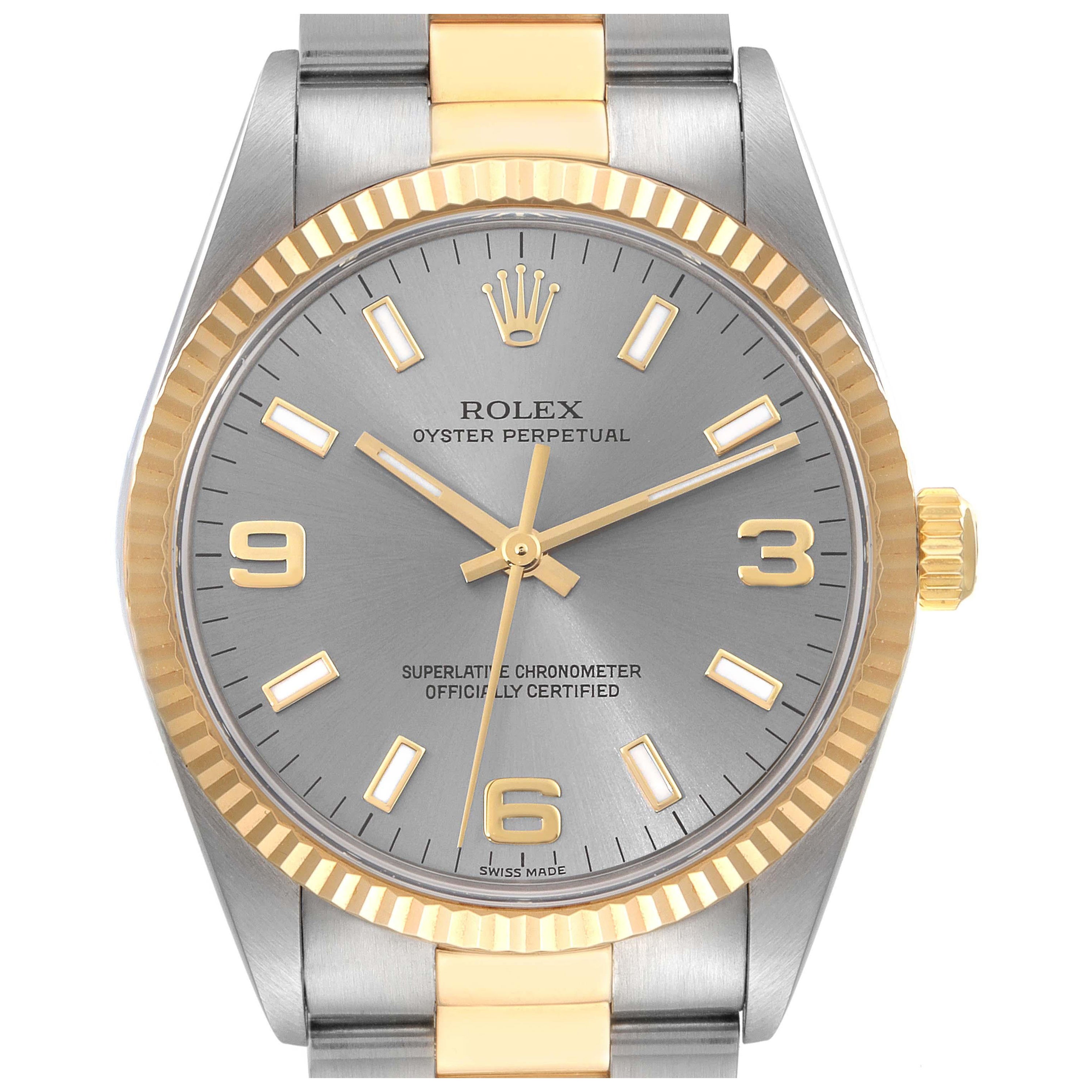 Rolex Oyster Perpetual Steel Yellow Gold Slate Dial Mens Watch 14233
