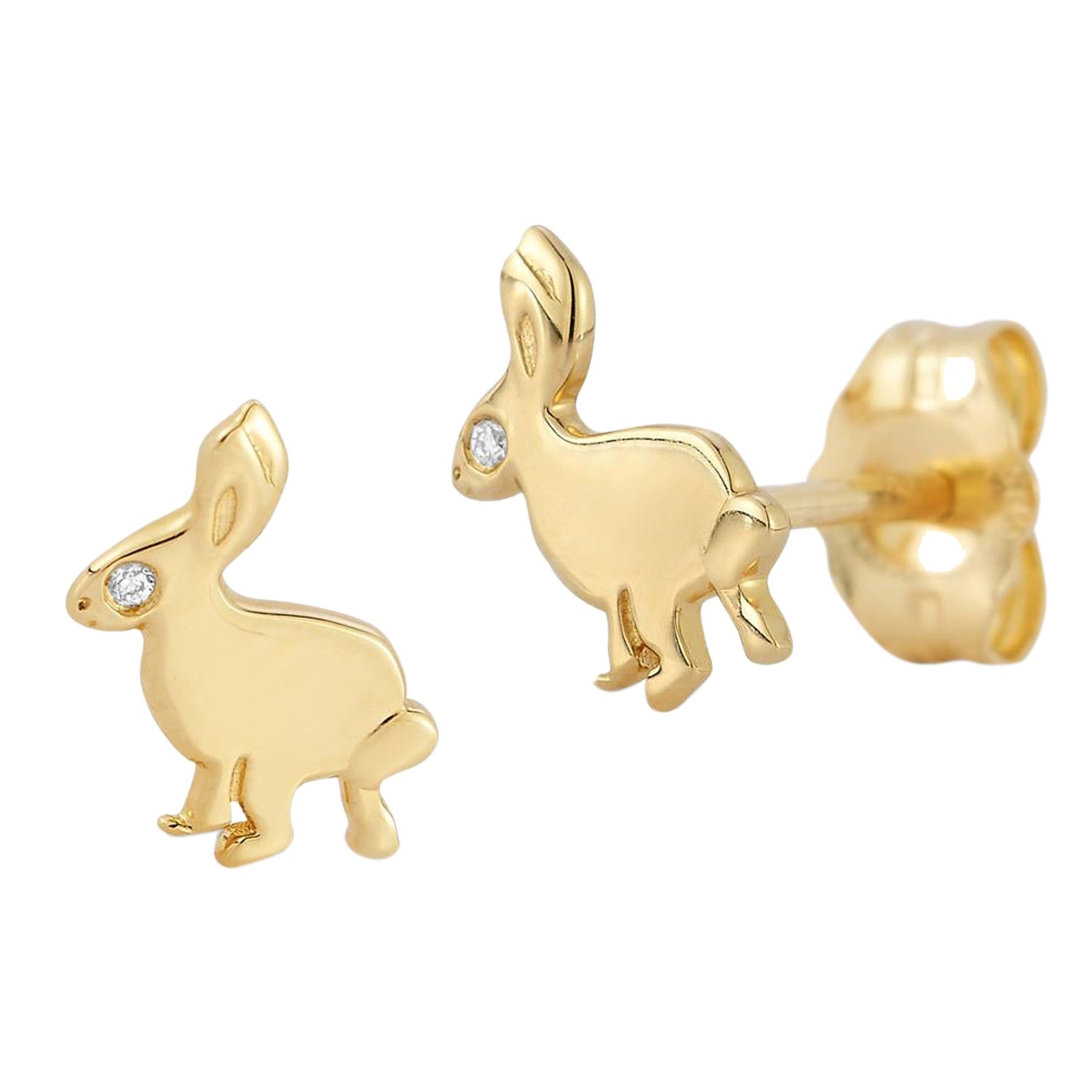 14 karat yellow gold small Bunny stud earrings with diamond eyes For Sale