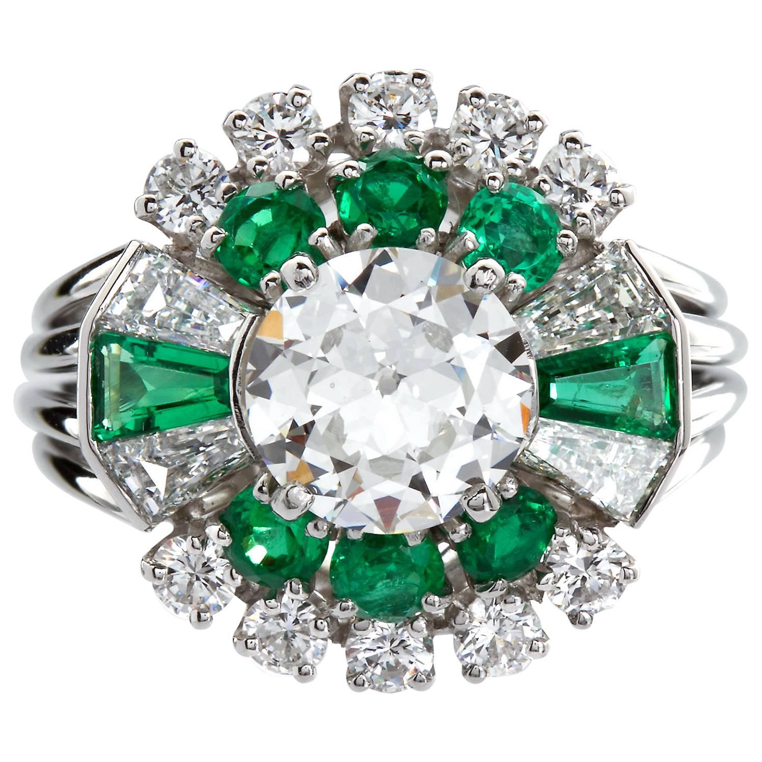 Raymond C. Yard Art Deco 1.50 Carat Center Old European Diamond Emerald Ring