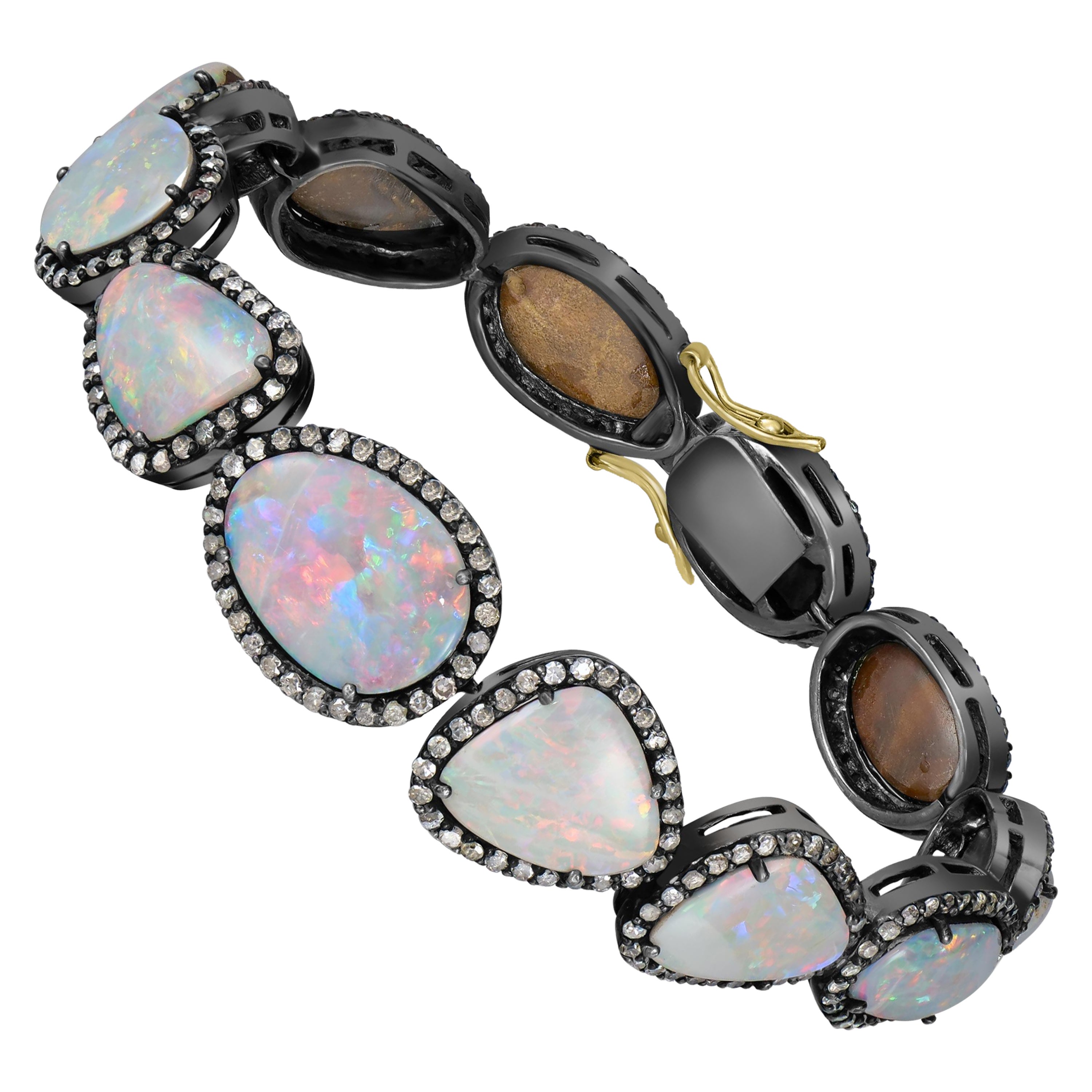 Victorian 33.9 ct. pt. Bracelet à maillons doublet en opale bleue et diamants  