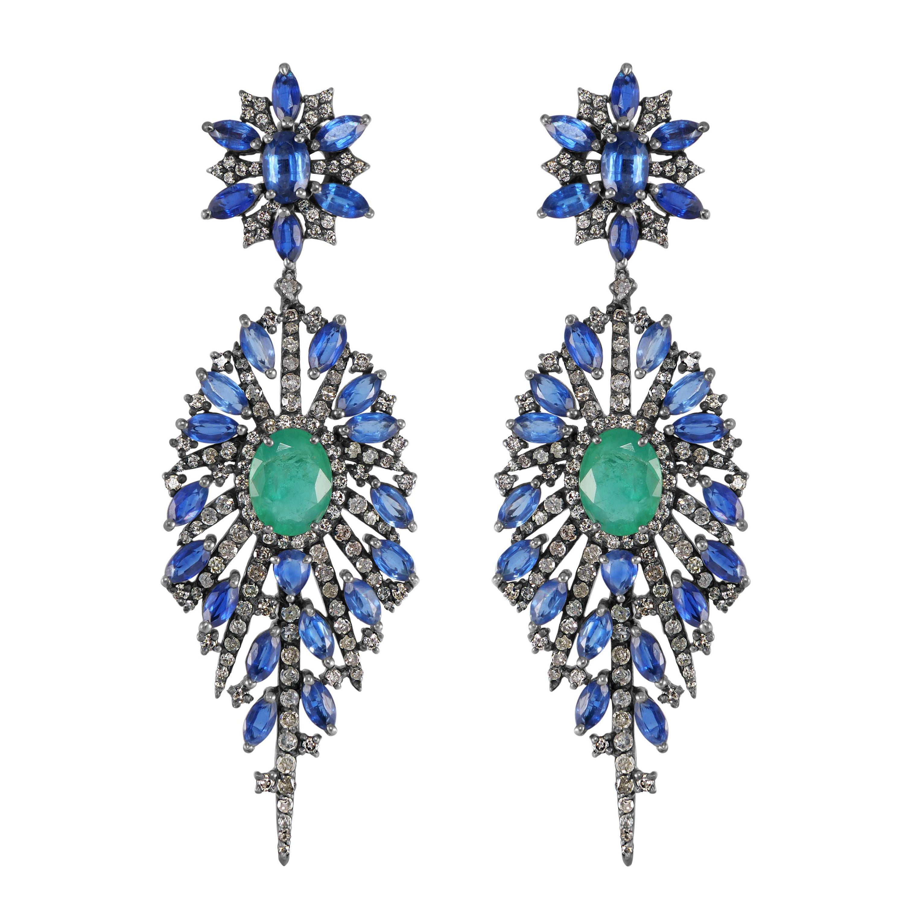 Victorian 16.9 Cttw. Emerald, Kyanite and Diamond Floral Dangle Earrings  For Sale