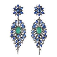 Victorian 16.9 Cttw. Emerald, Kyanite and Diamond Floral Dangle Earrings 