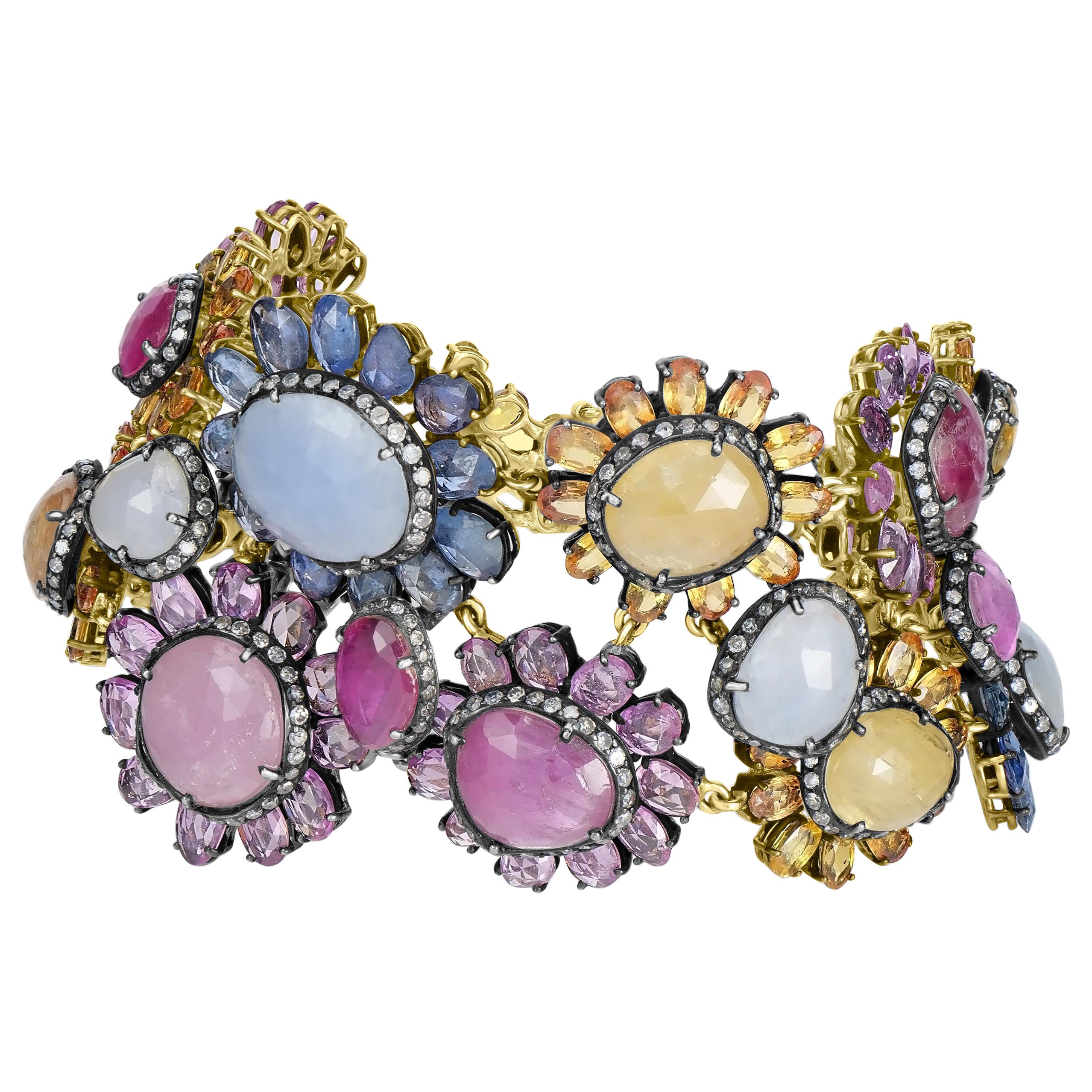 Victorian 110 Cttw. Sapphire, Ruby and Diamond Link Bracelet  For Sale