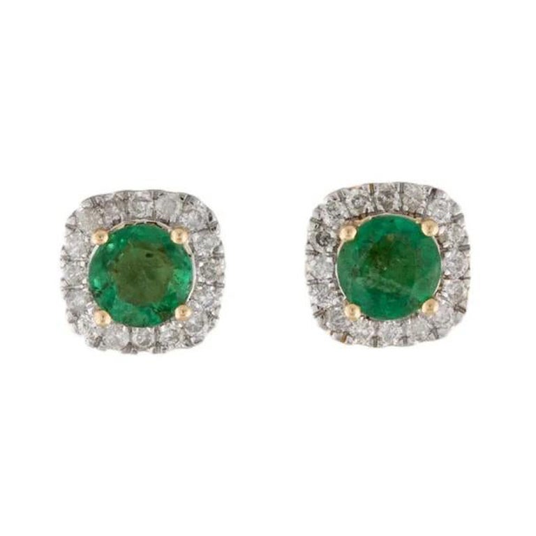 14K Emerald & Diamond Halo Stud Earrings - Classic Green Gemstone Jewelry Design For Sale