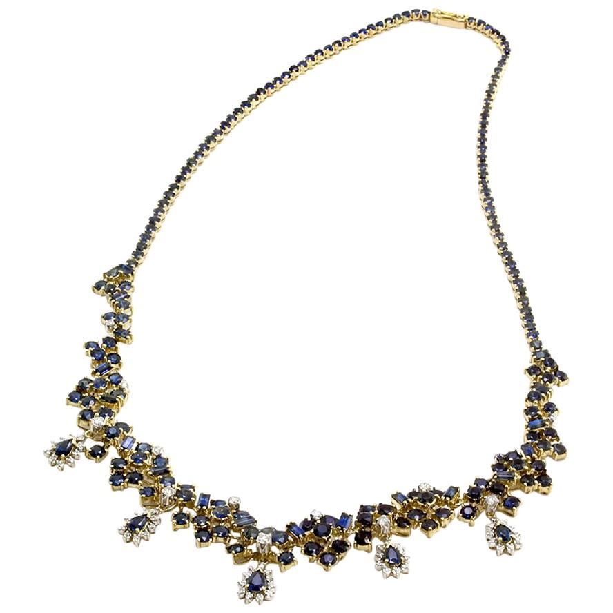 Blue Sapphire Diamond Two Color Gold Cluster Necklace For Sale