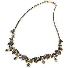 Blue Sapphire Diamond Two Color Gold Cluster Necklace