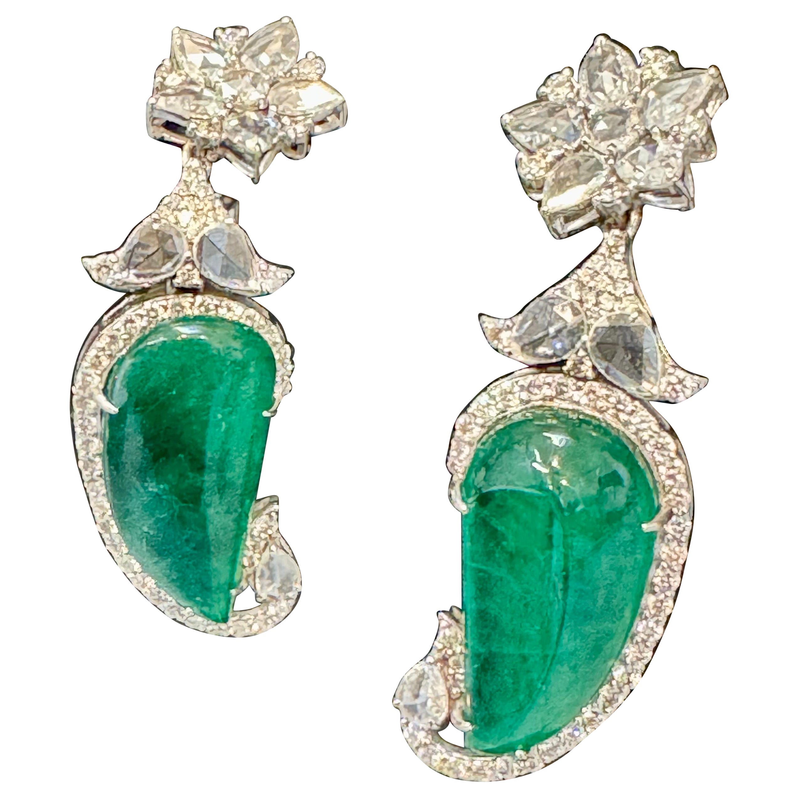 20 Ct Fine Emerald Cabochon & 4 Ct Rose Cut Diamond  18 Kt White Gold  Earrings