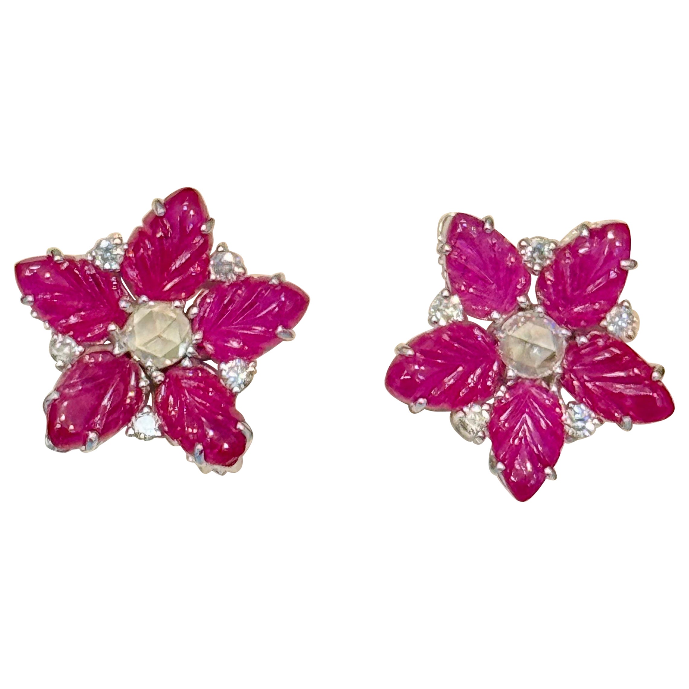 Tutti Frutti Earrings Natural  Ruby  Carved Leaves & Diamond Earrings in  18 KWG For Sale