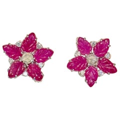 Used Tutti Frutti Earrings Natural  Ruby  Carved Leaves & Diamond Earrings in  18 KWG