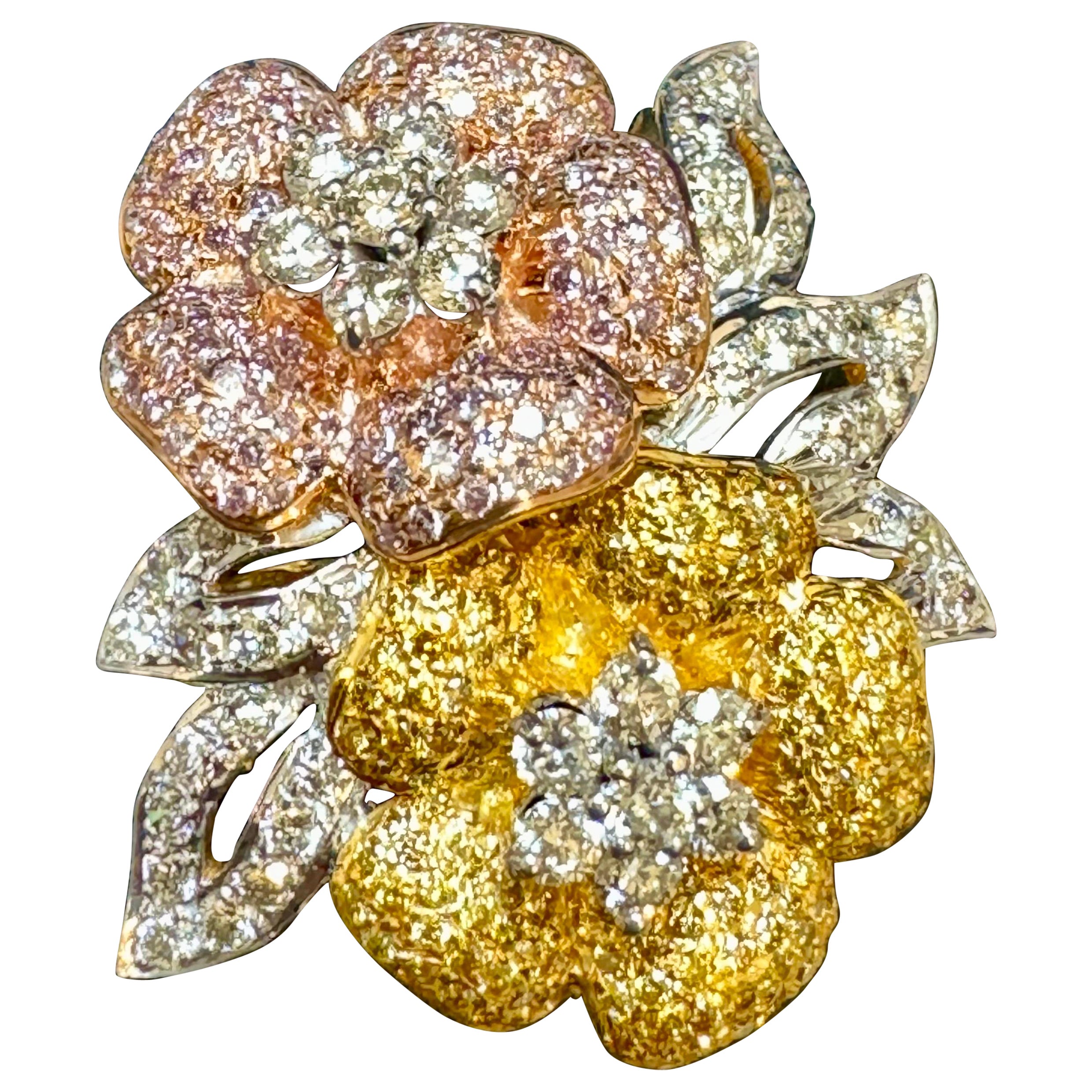4 Ct Natural Fancy Color Diamond Flower Pin/ Brooch in 18 Kt Multi Color Gold  For Sale